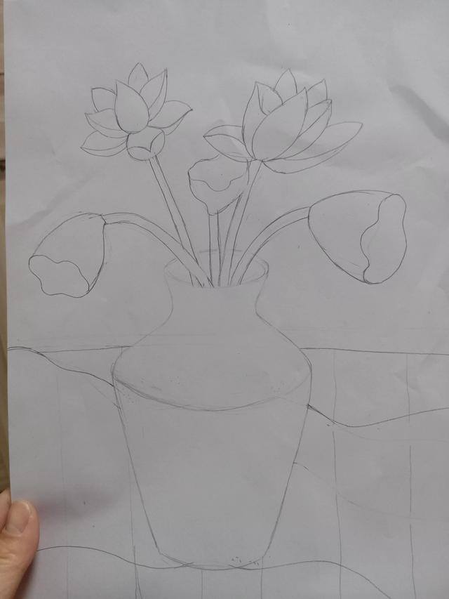 莲花怎么画简单又好看（黑白线描画《花瓶和花》）