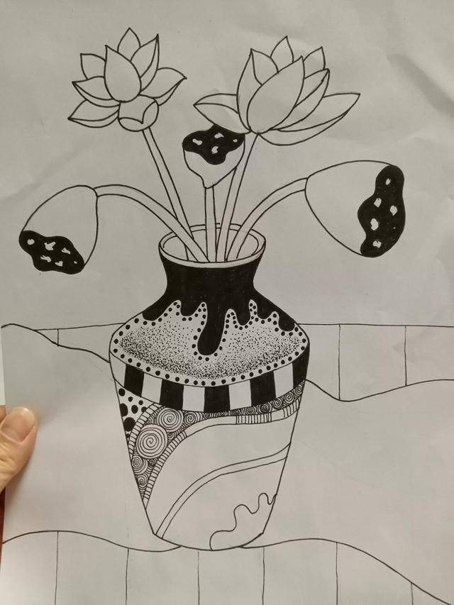 莲花怎么画简单又好看（黑白线描画《花瓶和花》）