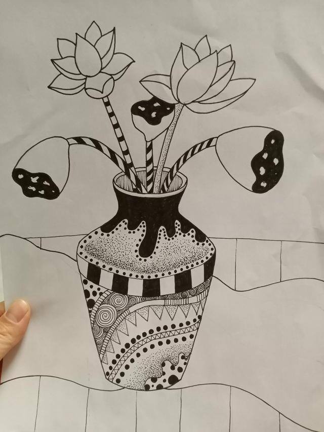莲花怎么画简单又好看（黑白线描画《花瓶和花》）