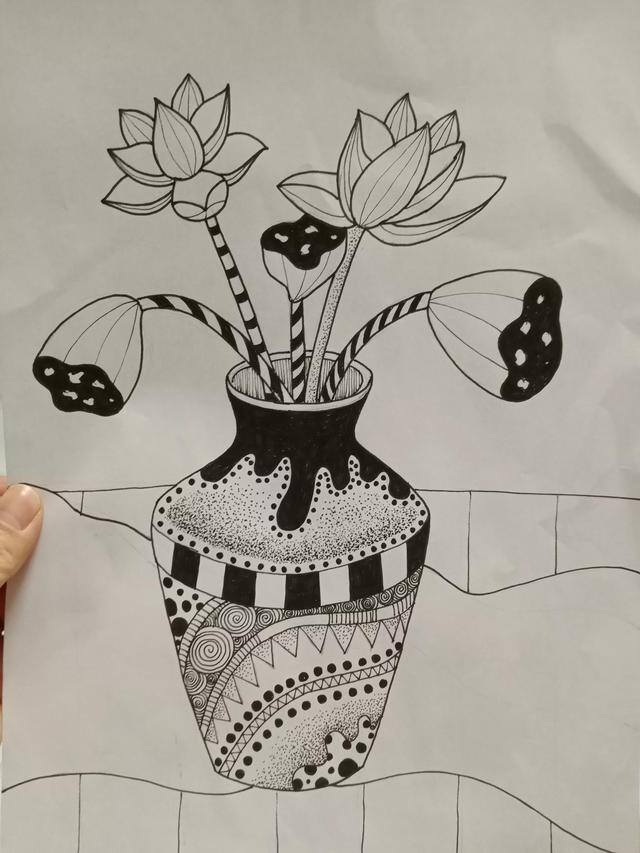 莲花怎么画简单又好看（黑白线描画《花瓶和花》）