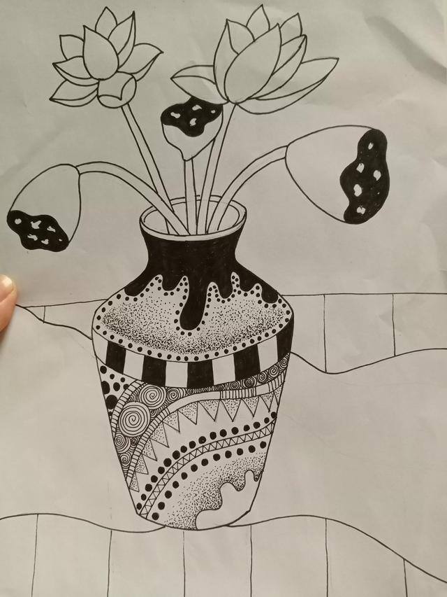 莲花怎么画简单又好看（黑白线描画《花瓶和花》）