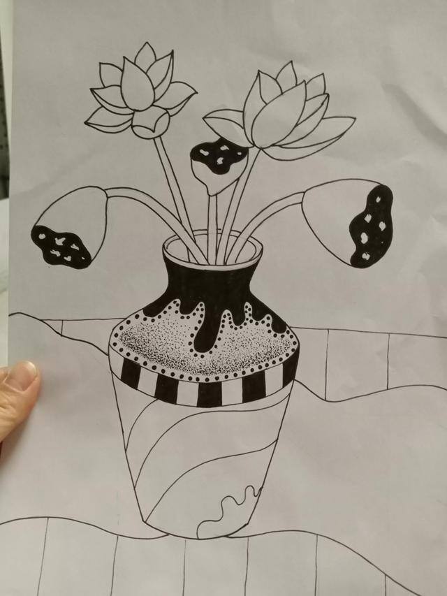 莲花怎么画简单又好看（黑白线描画《花瓶和花》）