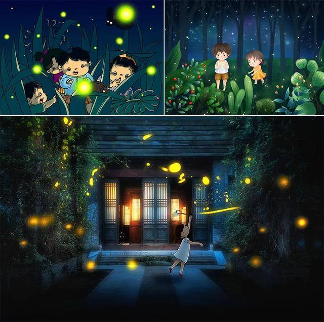 儿童绘画美术（夜空中的萤火虫）
