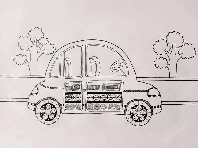 汽车儿童画（小朋友们都喜欢的小汽车场景线描画）