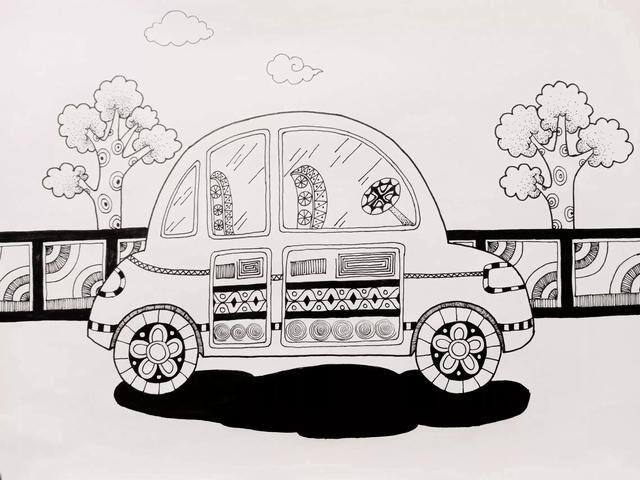 汽车儿童画（小朋友们都喜欢的小汽车场景线描画）