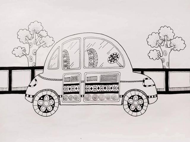 汽车儿童画（小朋友们都喜欢的小汽车场景线描画）