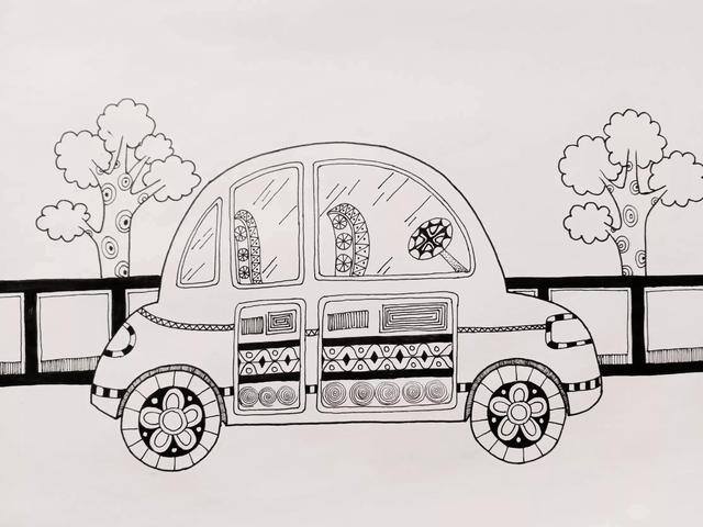 汽车儿童画（小朋友们都喜欢的小汽车场景线描画）