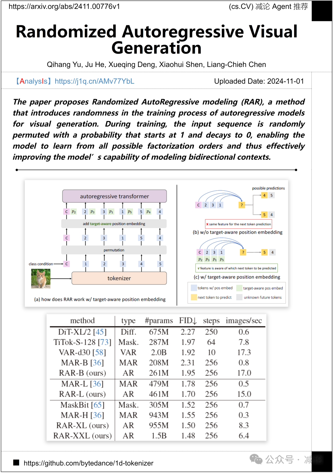 【11.4-arXiv】字节跳动提出随机自回归RAR，生成效率提升恺明MAR方法20倍以上，性能更优！